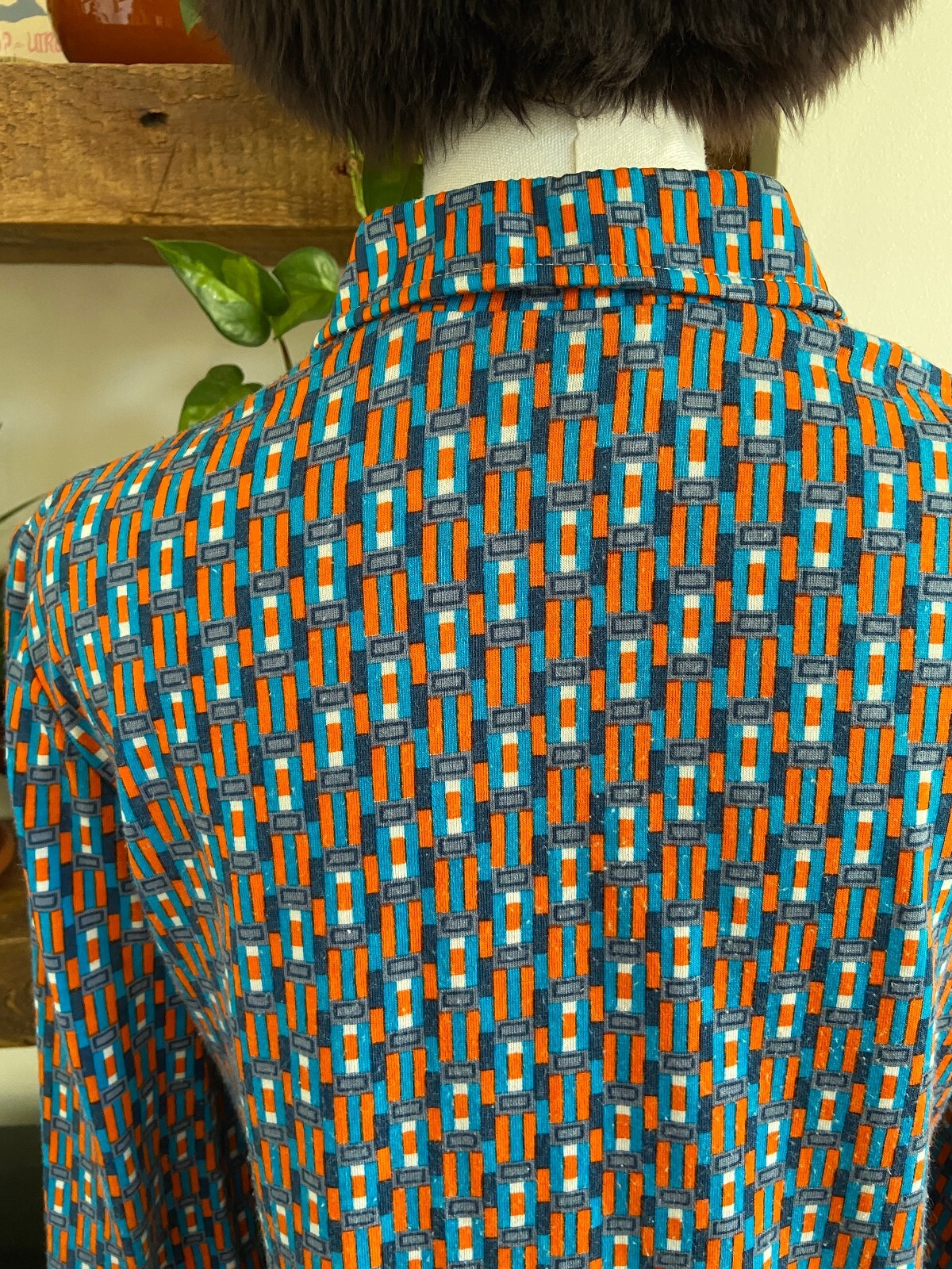 Vintage 1970s Blue & Orange Dagger Collar Shirt