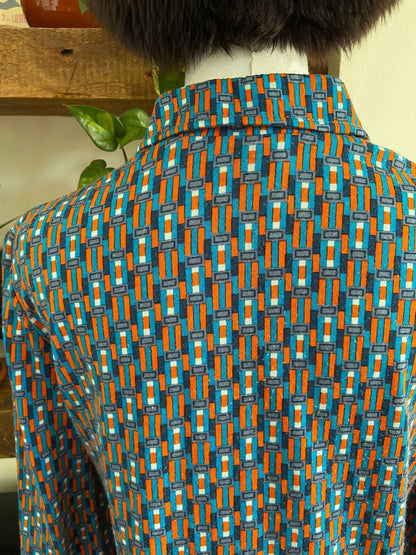 Vintage 1970s Blue & Orange Dagger Collar Shirt