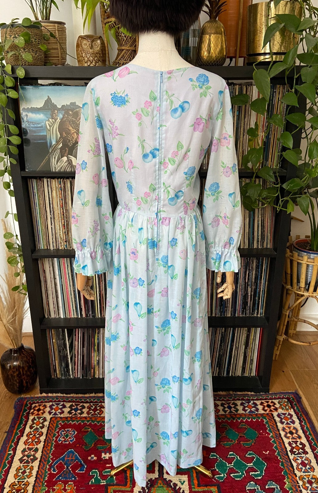 Vintage 1970s Pale Blue Romantic Floral Maxi Dress