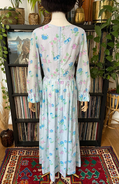 Vintage 1970s Pale Blue Romantic Floral Maxi Dress