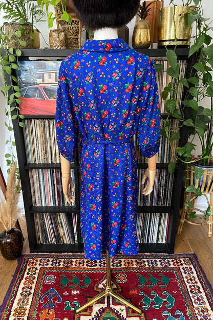 Vintage 1980s Blue Floral Folk Dress