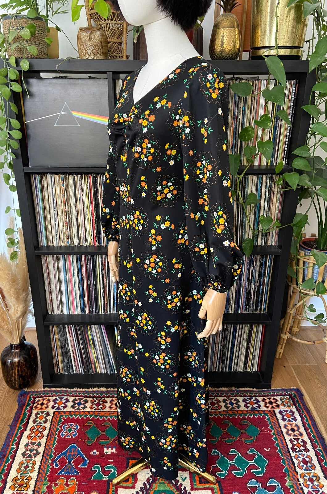 Vintage 1970s Black Floral Maxi Dress