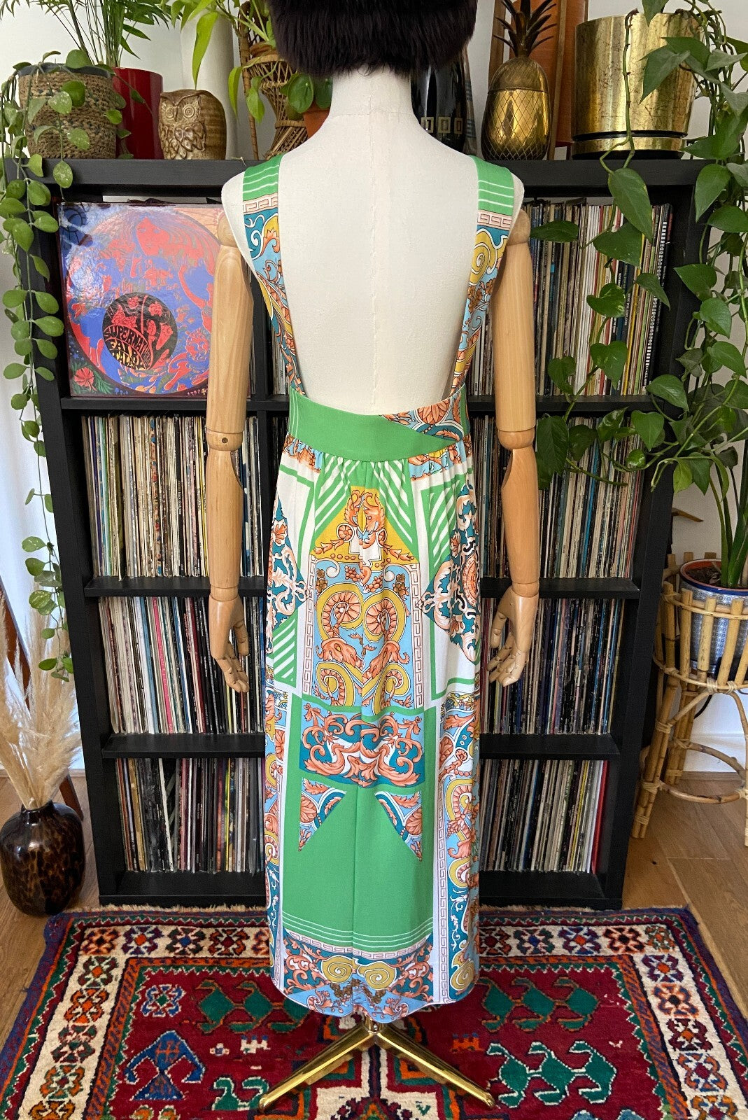 Vintage 1970s Green Baroque Pinafore Dress