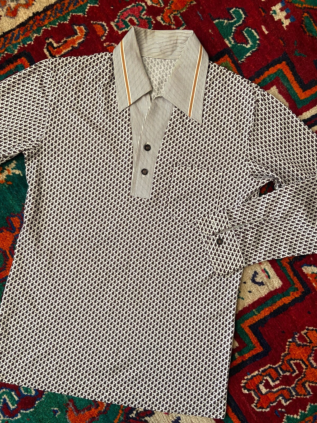 Vintage 1970s Brown Japanese Patterned Jersey Top