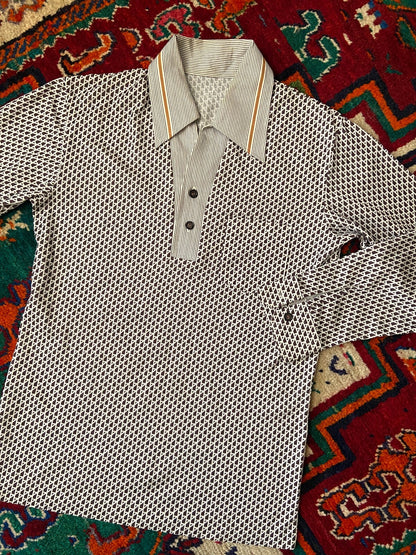 Vintage 1970s Brown Japanese Patterned Jersey Top