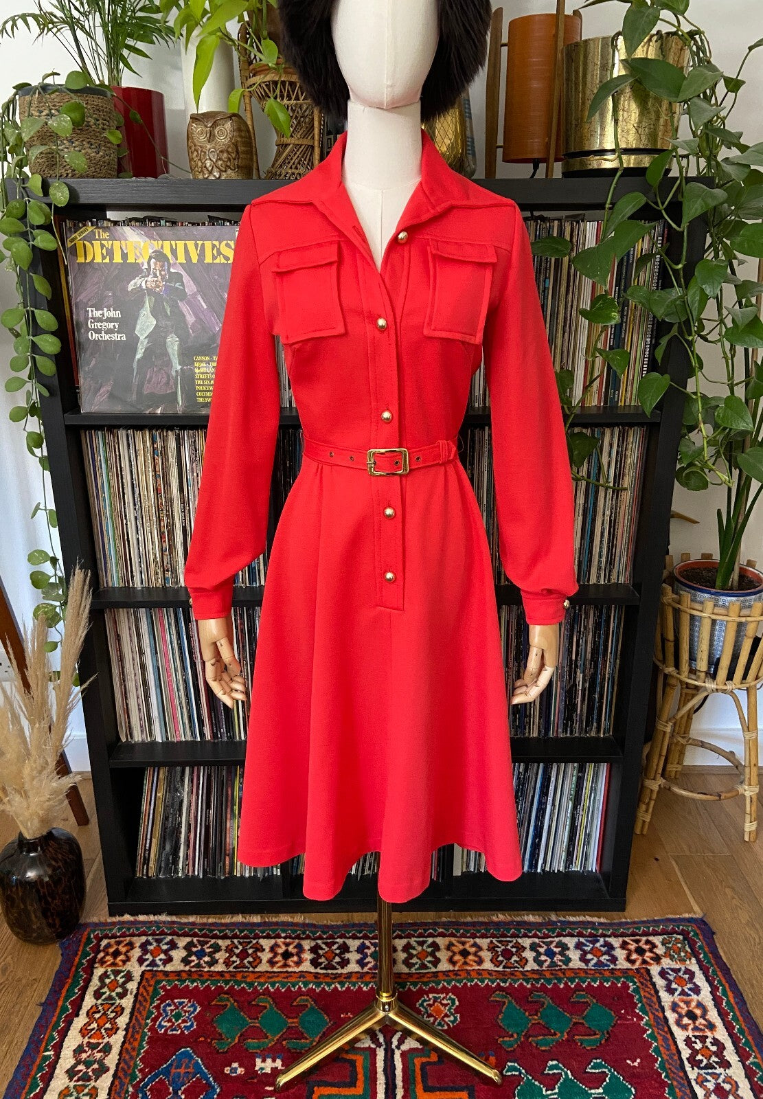 Vintage 1970s Red Utility Shirt Dress