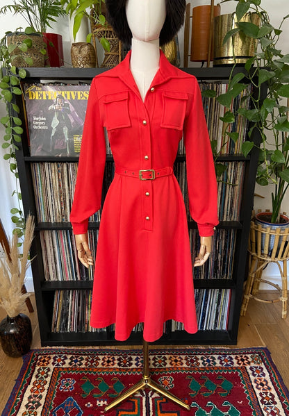 Vintage 1970s Red Utility Shirt Dress