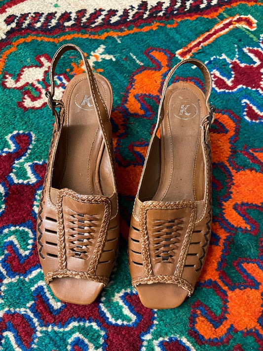 Vintage 1980s Brown Woven Slingback Sandals UK 5