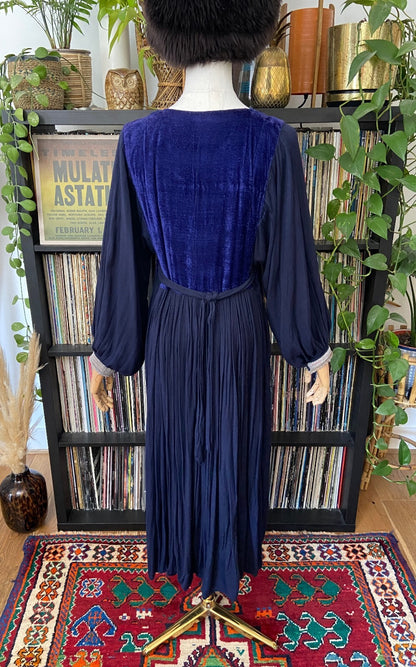 Vintage 1970s Navy Velvet & Gold Afghan Dress