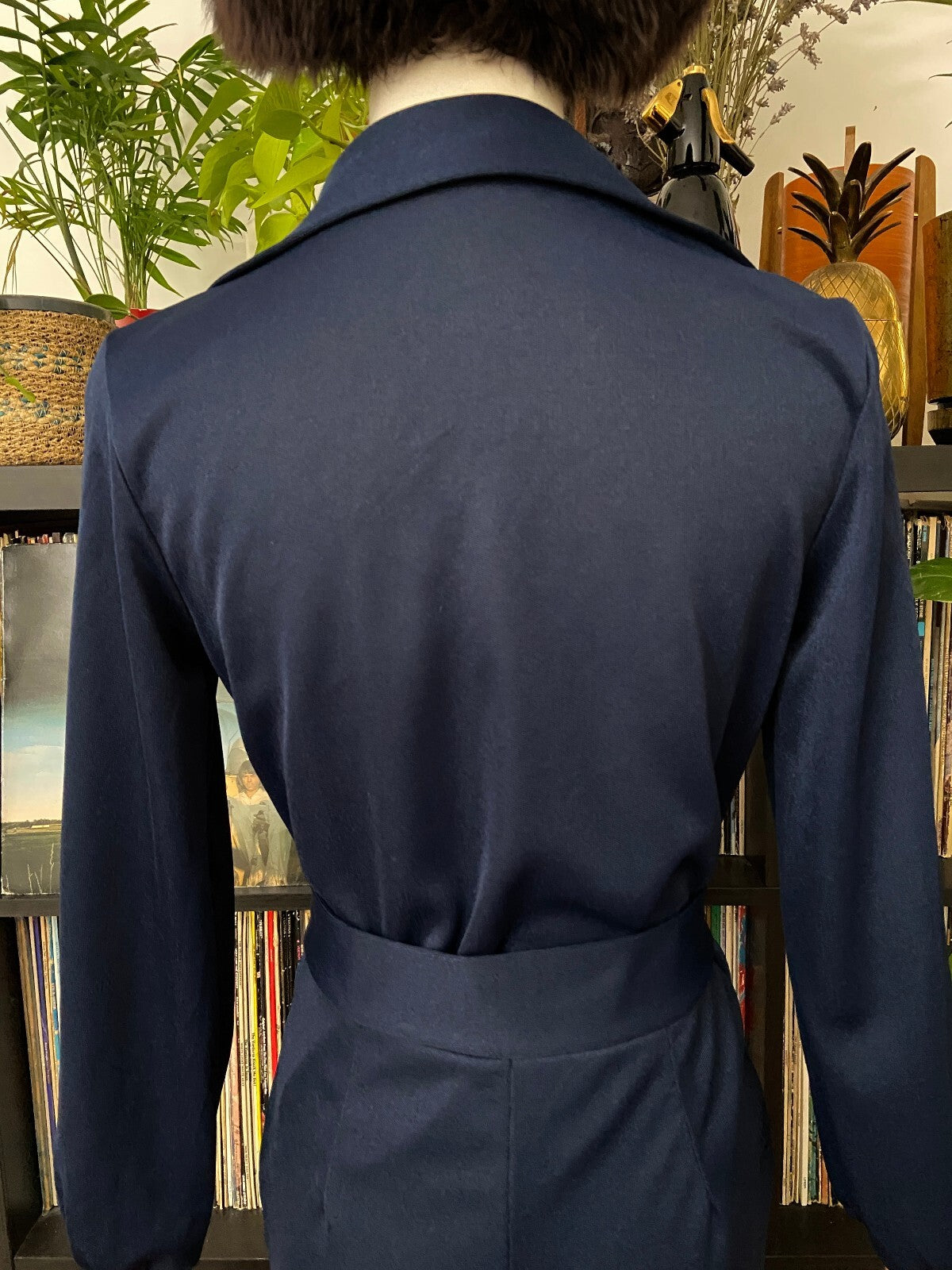 Vintage 1970s Navy Zip Up Belted Disco Jumpsuit