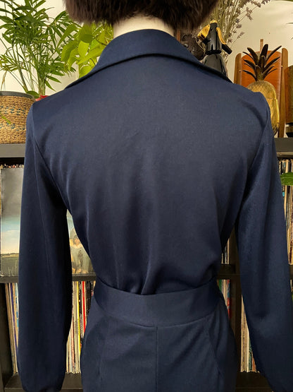 Vintage 1970s Navy Zip Up Belted Disco Jumpsuit