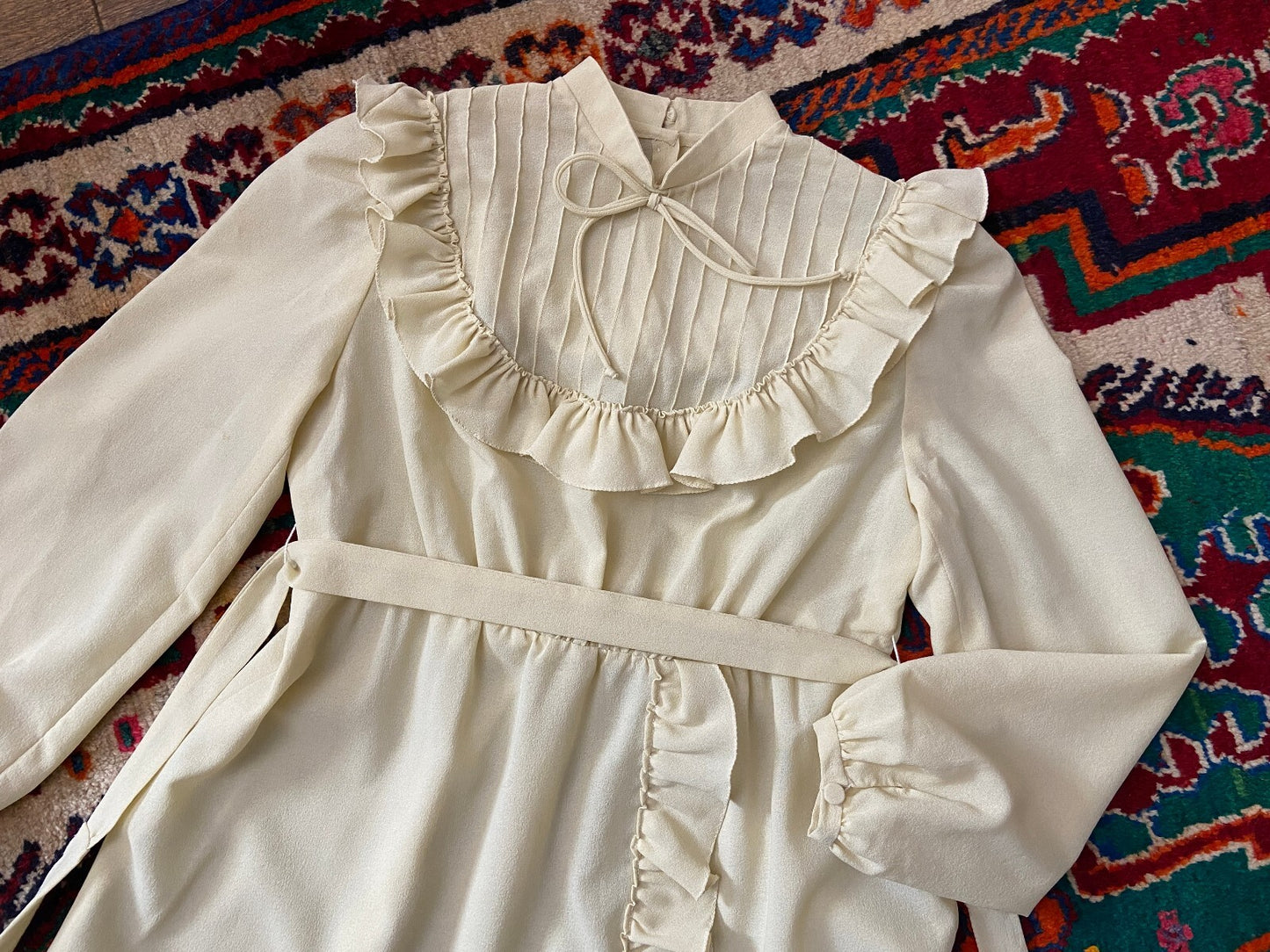 Vintage 1970s Beige Ruffle Long Prairie Dress