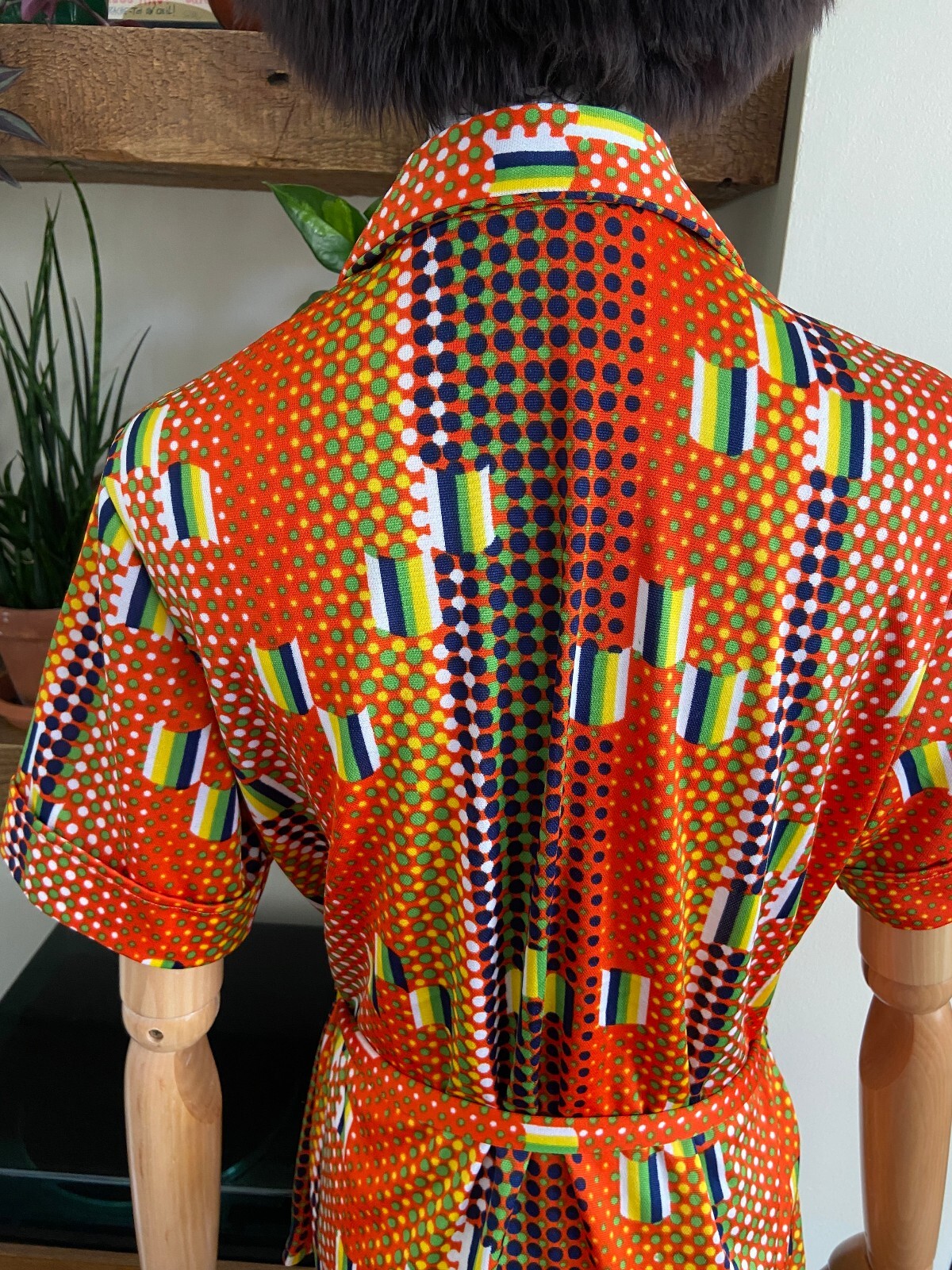 Vintage 1970s Orange Retro Print Belted Shirt