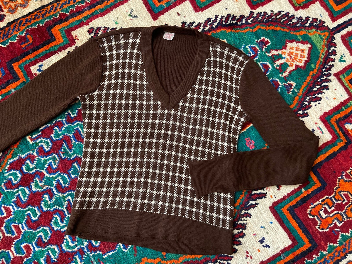 Vintage 1970s Brown V-Neck Jumper