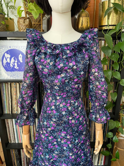 Vintage 1970s Navy & Purple Floral Prairie Dress