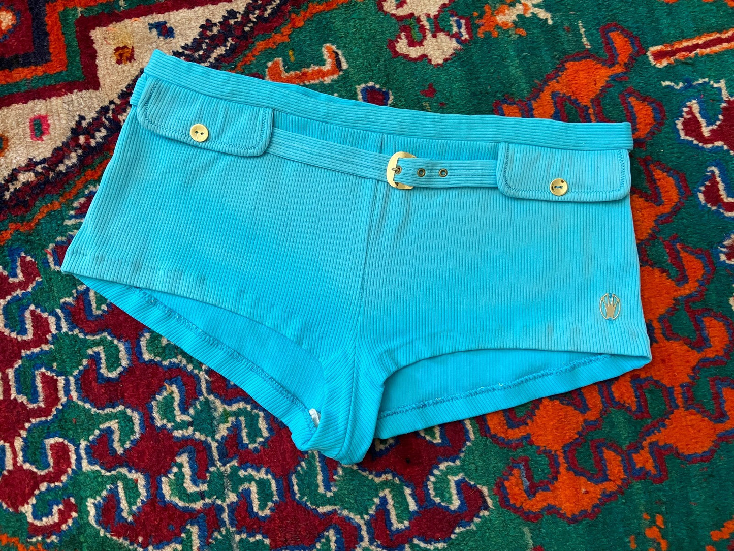 Vintage 1970s Turquoise Belted Swim Shorts