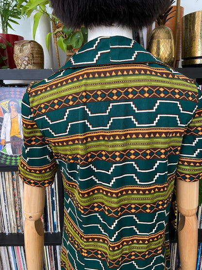 Vintage 1970s Green Geometric Print Shirt Dress