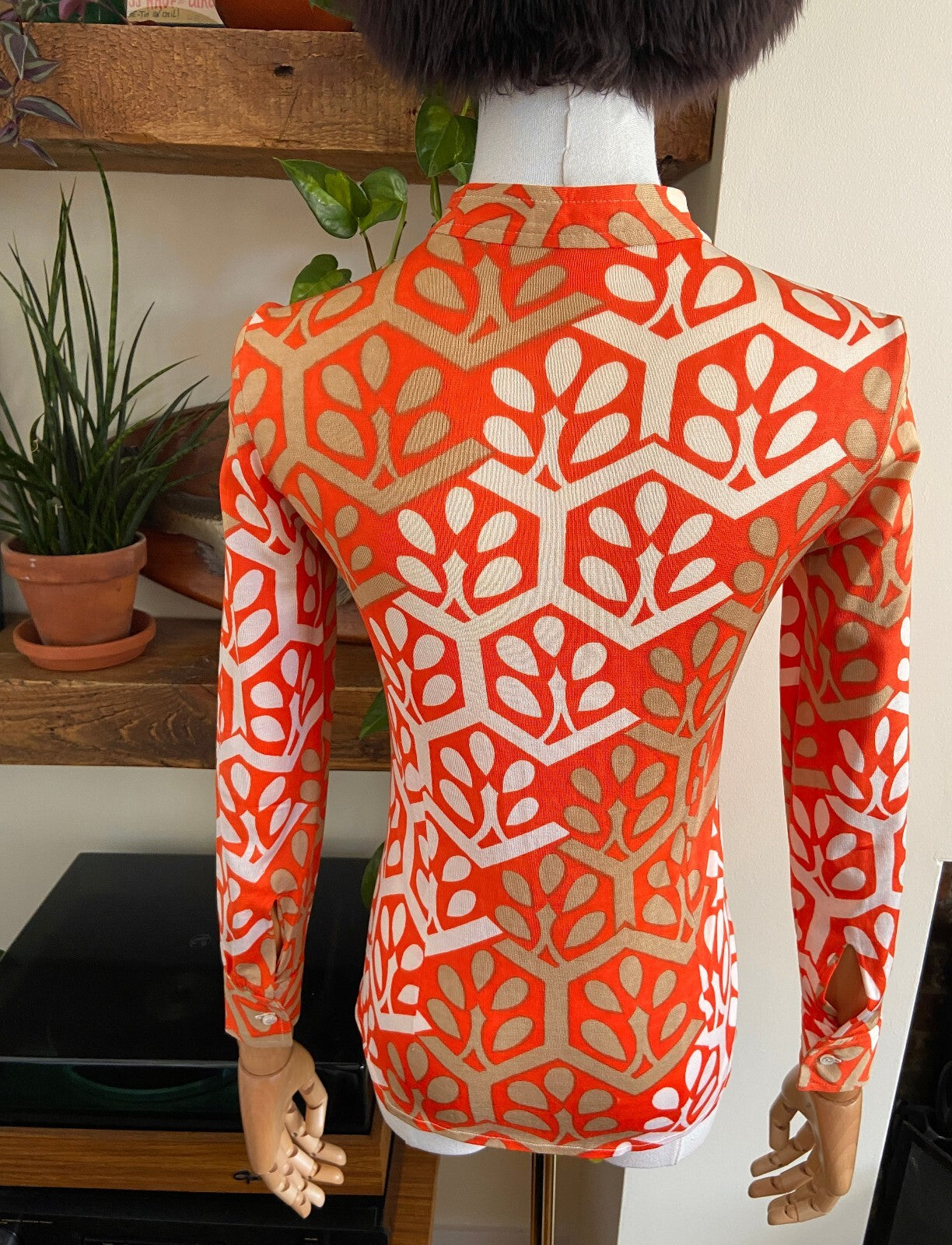 Vintage 1970s Orange & Beige Collarless Shirt