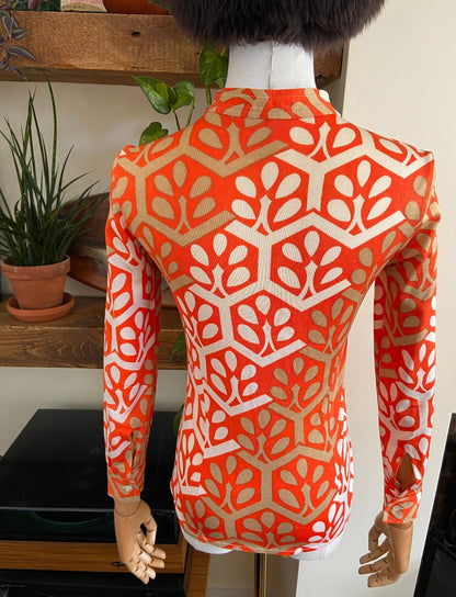 Vintage 1970s Orange & Beige Collarless Shirt