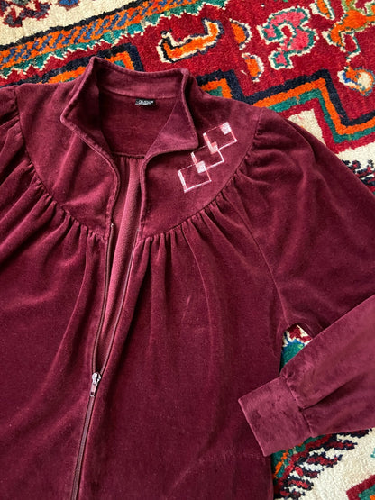 Vintage 1970s Burgundy Velour Zip Up Top