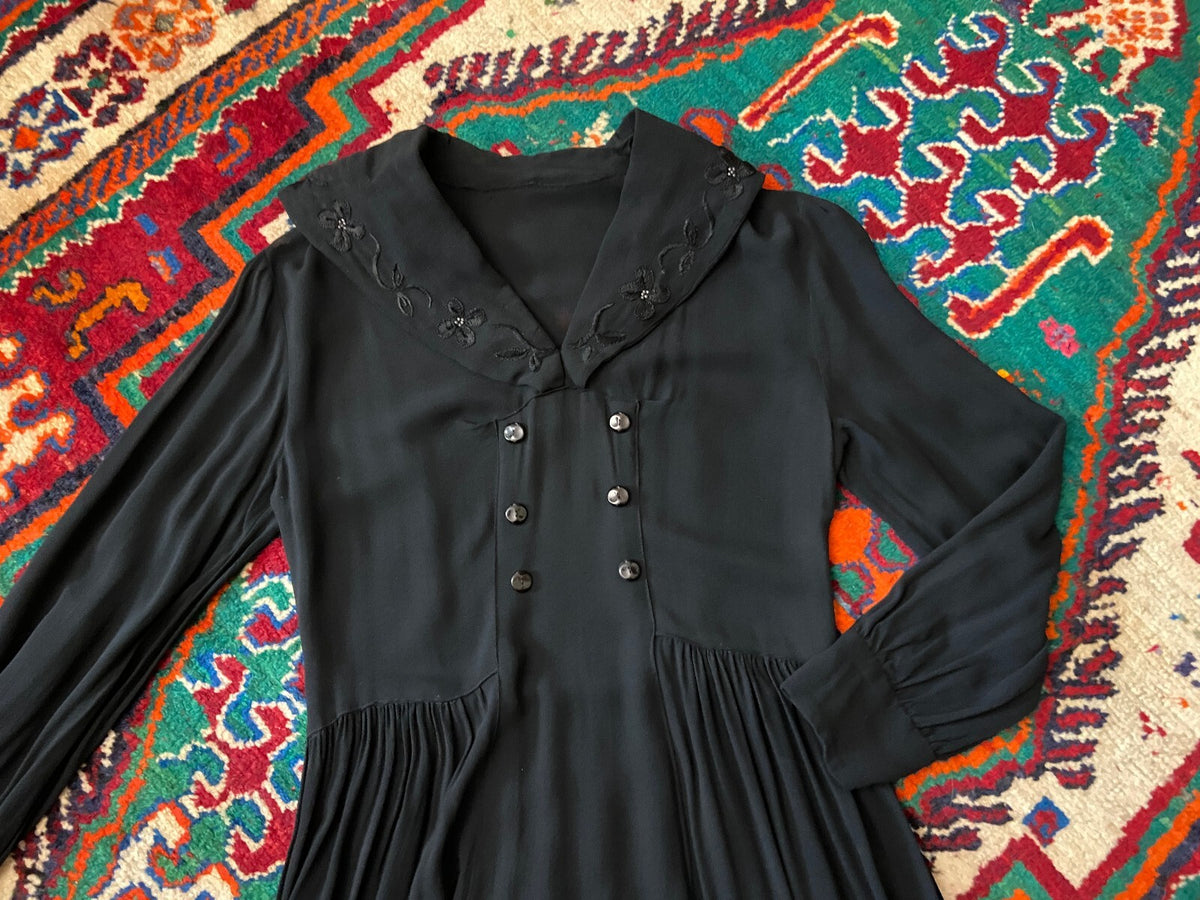 Vintage 1940s Black Beaded Sailor Collar Dress
