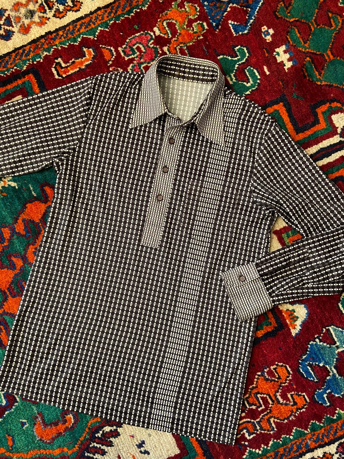 Vintage 1970s Brown Japanese Patterned Jersey Top