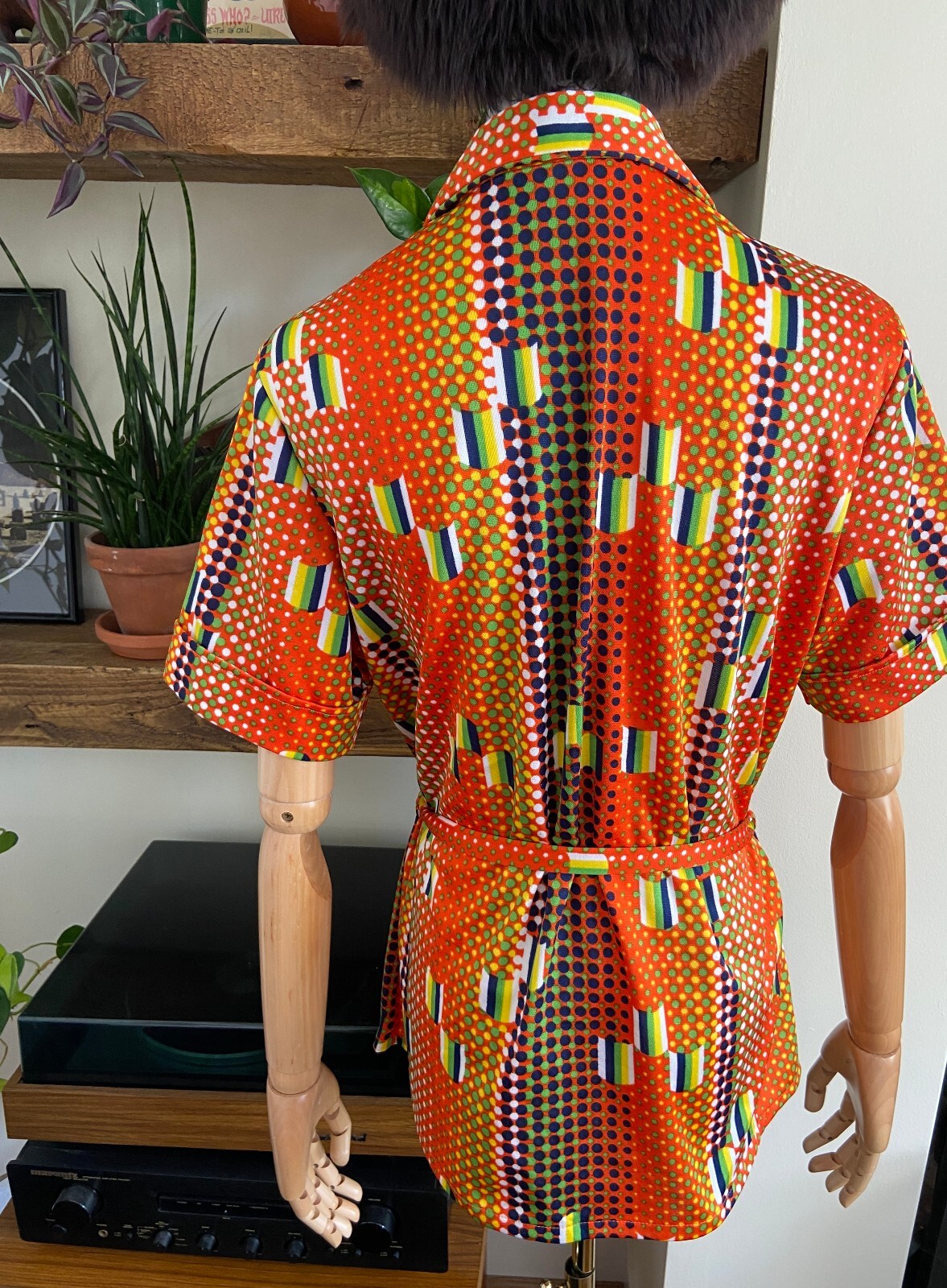 Vintage 1970s Orange Retro Print Belted Shirt