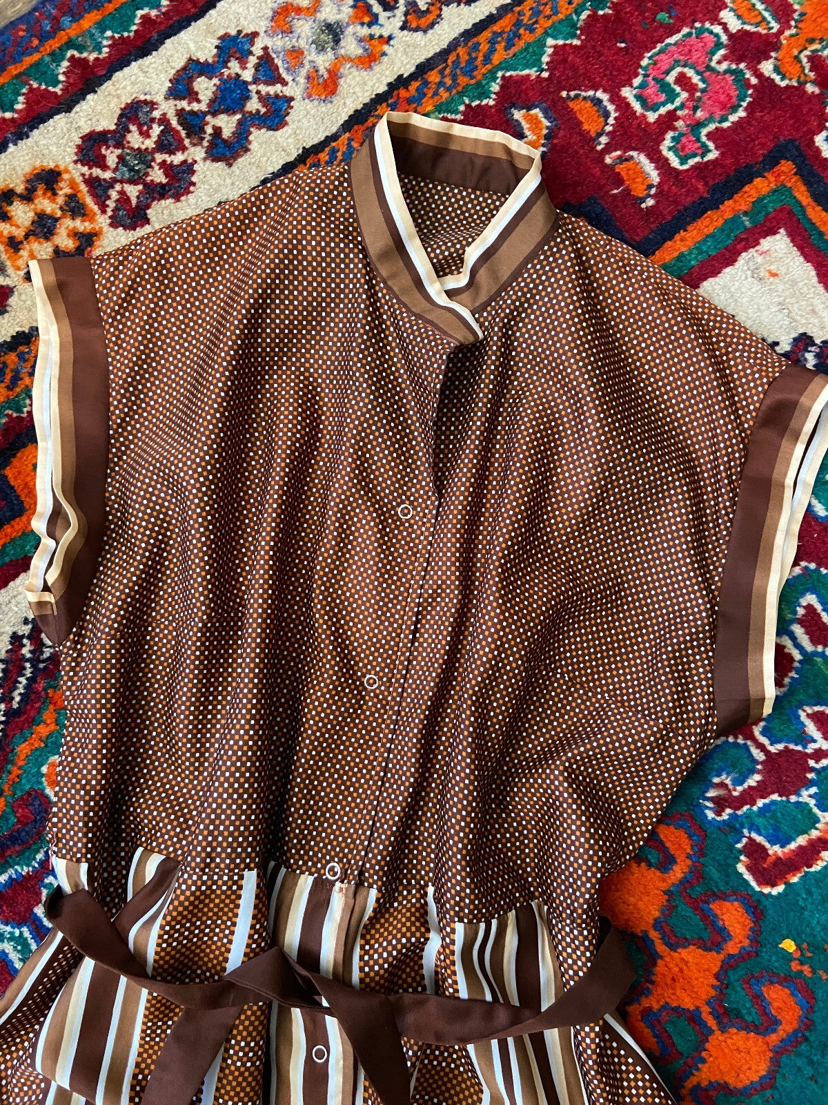 Vintage 1980s Brown Geometric Print Shirt Dress