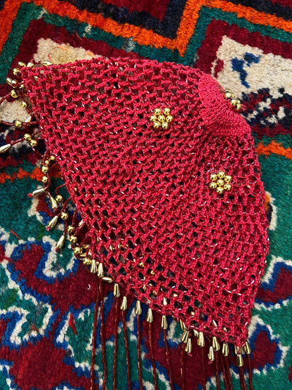 Vintage Red & Gold Crochet Tassel Cap
