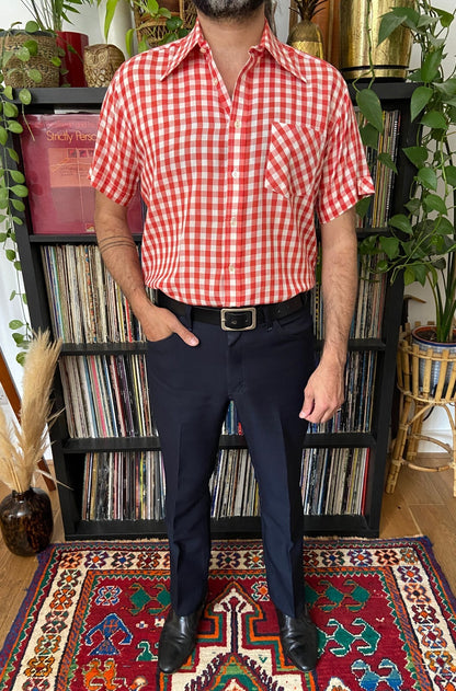 Vintage 1970s Red Gingham Dagger Collar Shirt