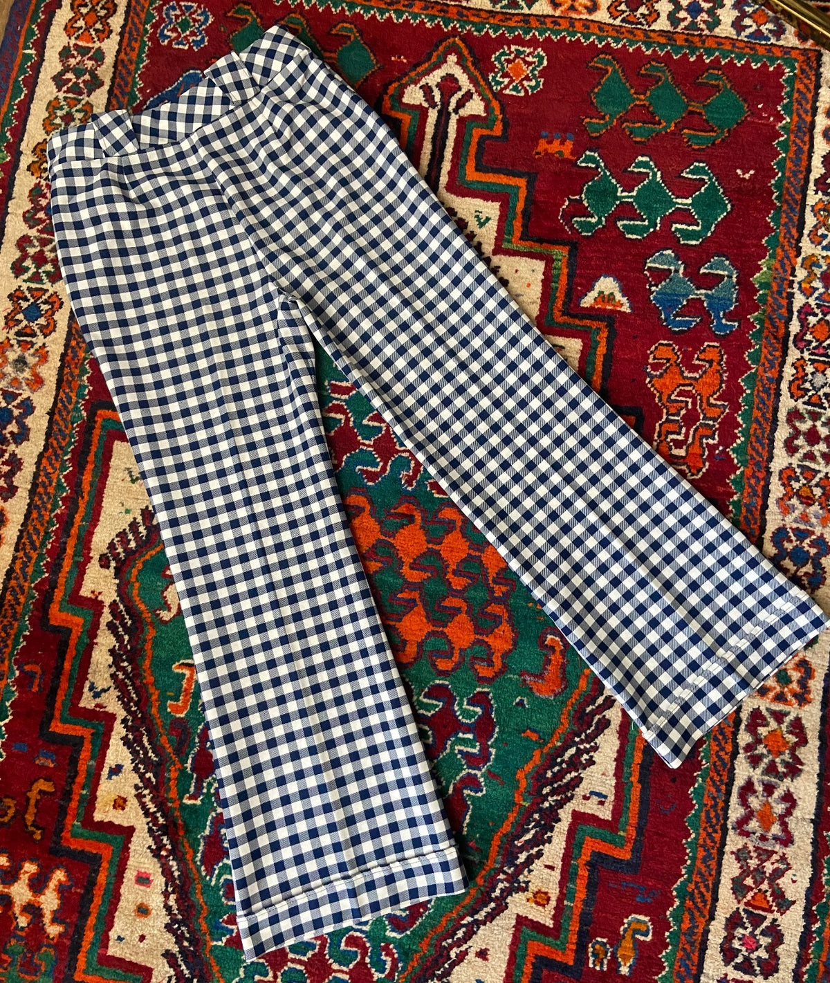 Vintage 1970s Navy & White Check Bellbottom Trousers W32