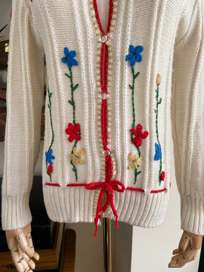 Vintage 1980s Cream Embroidered Folk Cardigan