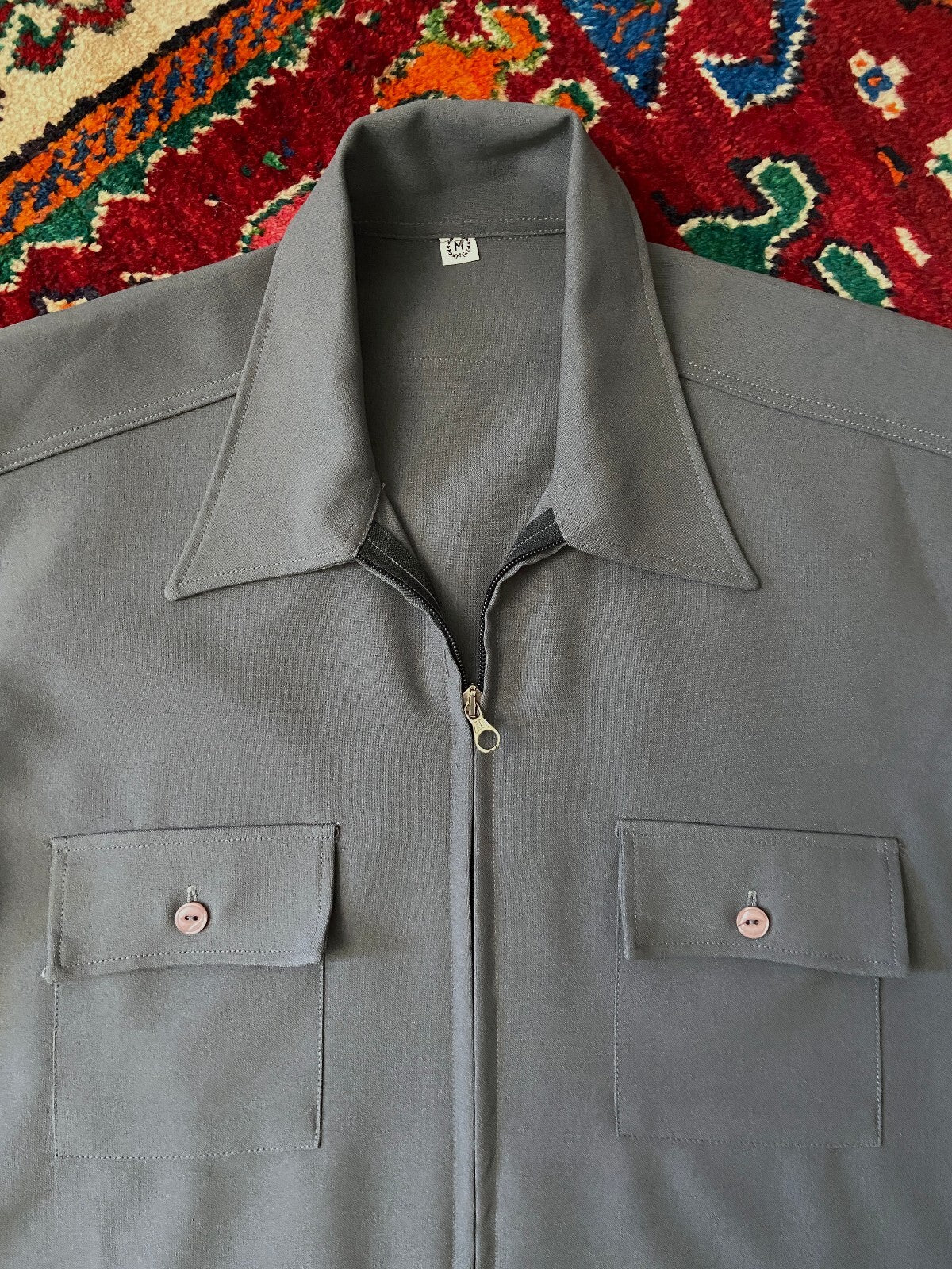 Vintage 1970s Grey Zip-Up Dagger Collar Shirt