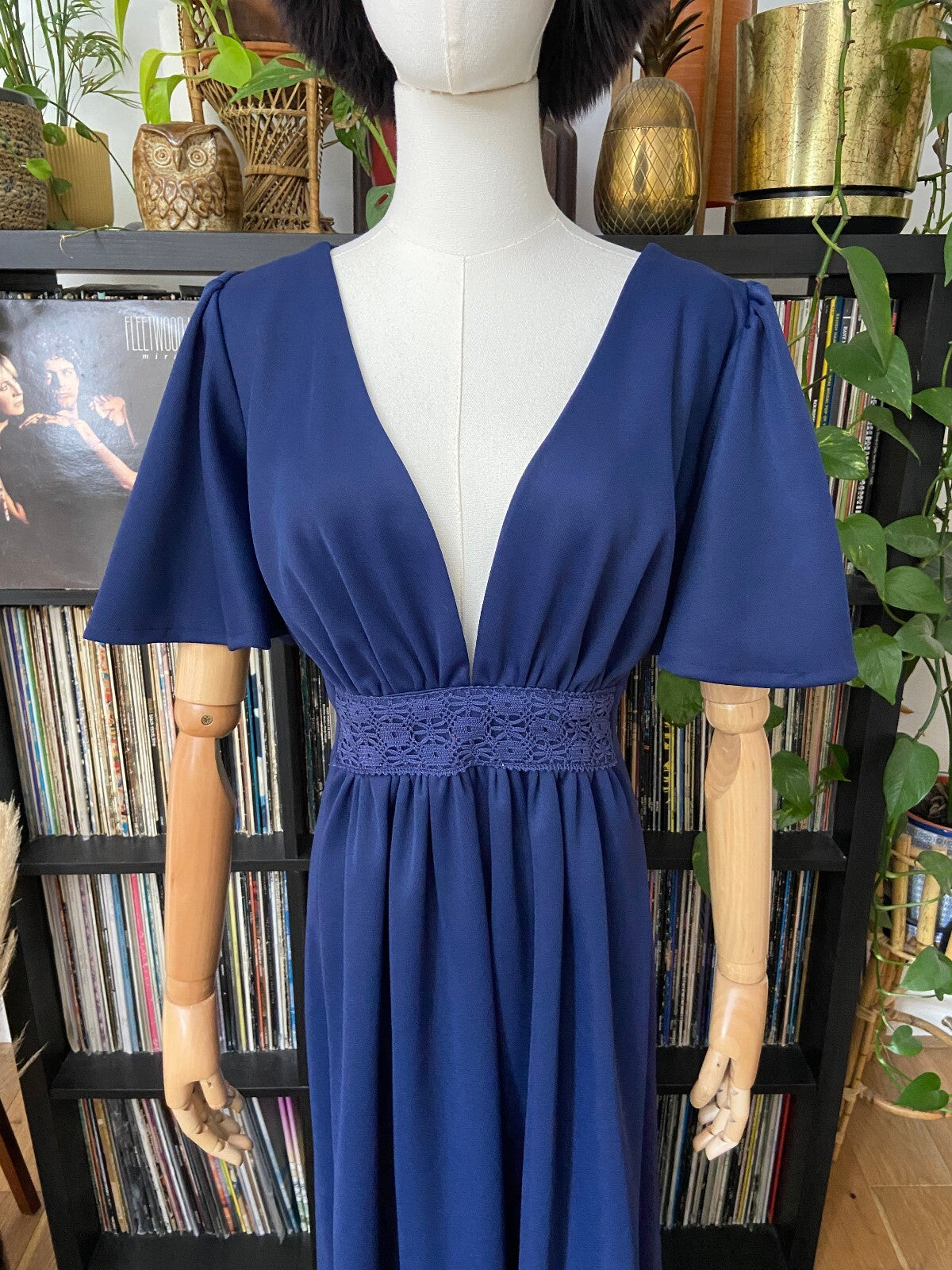 Vintage 1970s Navy Flutter Sleeve C&A Maxi Dress