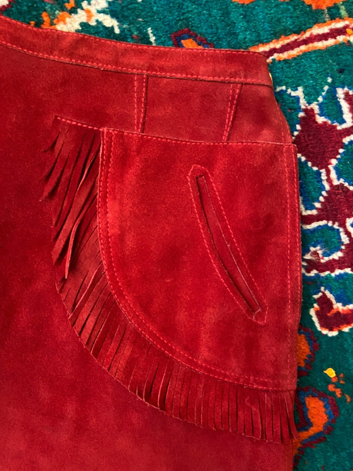 Vintage 1970s Red Suede Fringed Mini Skirt