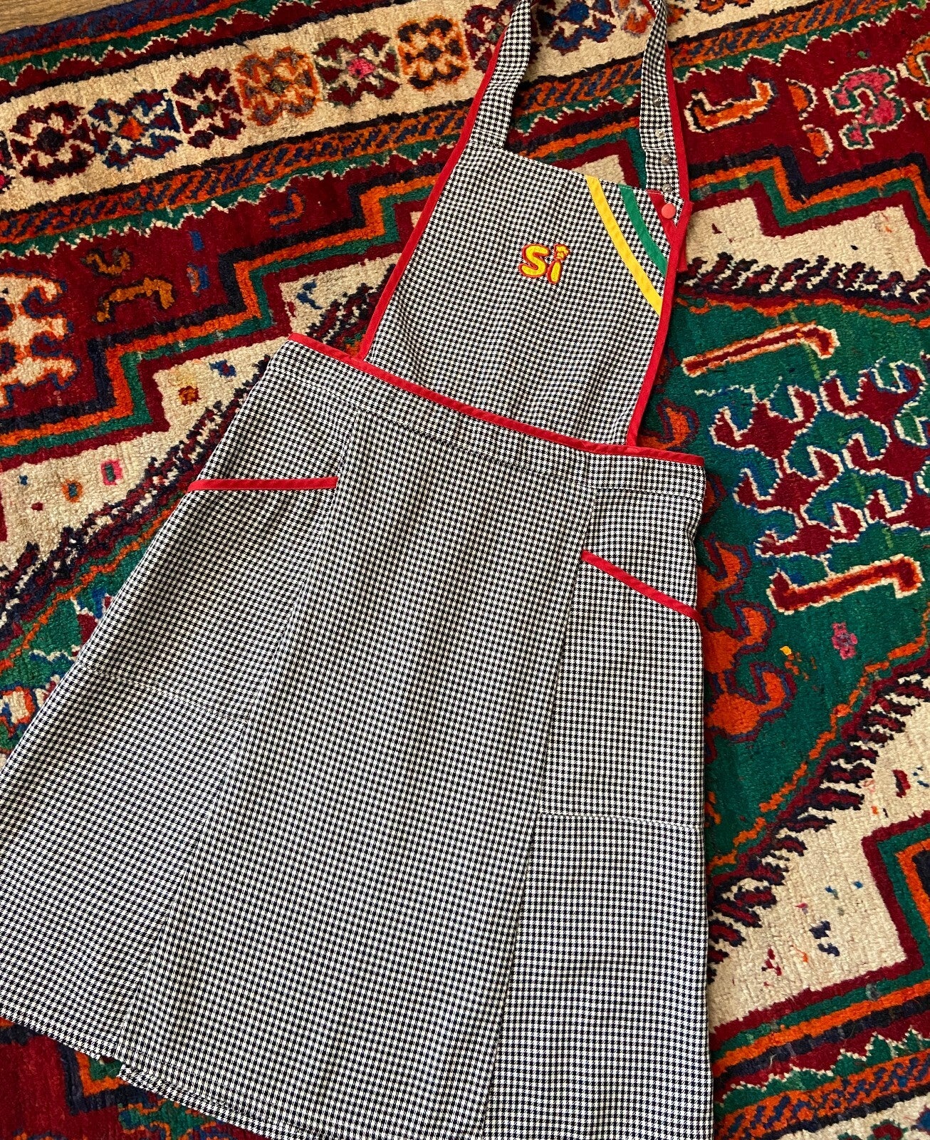 Vintage 1970s Black & White Houndstooth Apron Dress