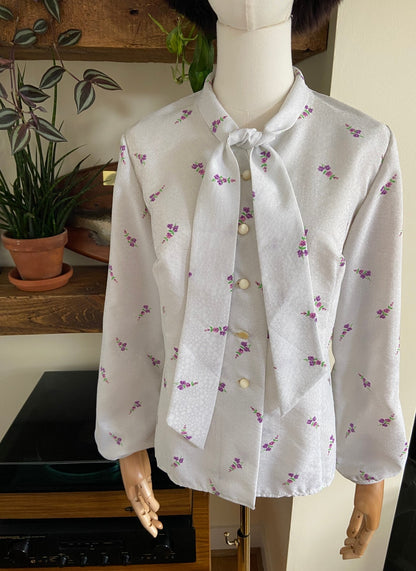 Vintage 1970s White & Silver Pussybow Blouse