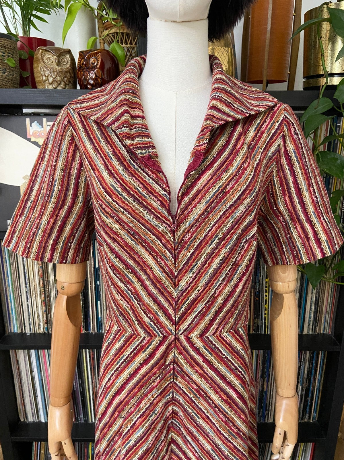 Vintage 1970s Chevron Knit Zip Up Dress