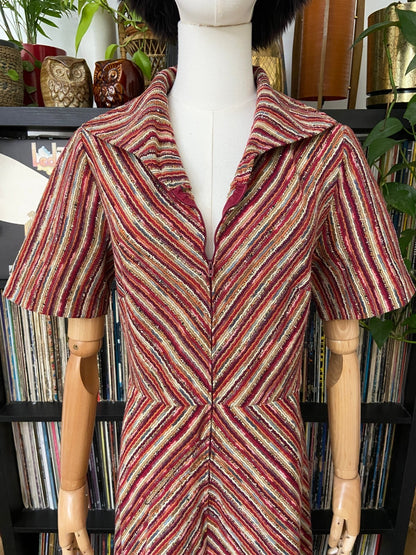 Vintage 1970s Chevron Knit Zip Up Dress