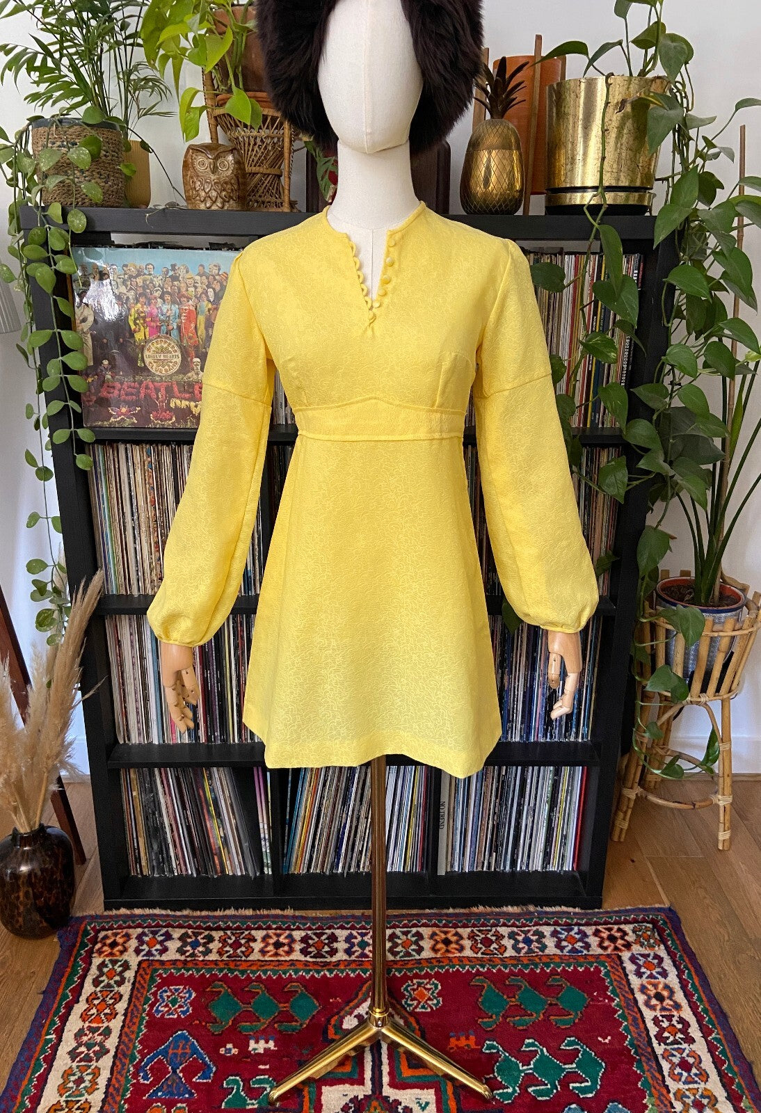 Vintage 1960s Yellow Button Detail Mini Dress