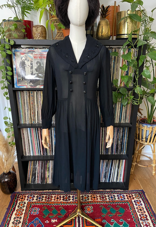 Vintage 1940s Black Beaded Sailor Collar Dress