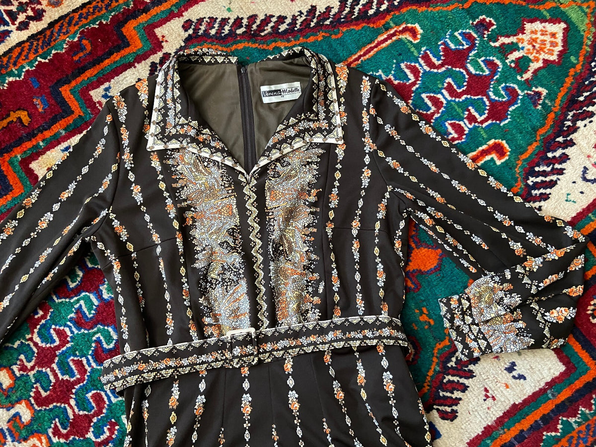 Vintage 1970s Brown Print Belted Dress