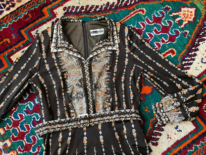 Vintage 1970s Brown Print Belted Dress