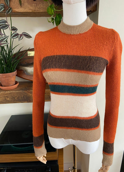 Vintage 1970s Rust Striped Ribbed Jumper
