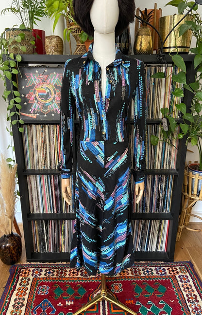 Vintage 1970s Black & Blue Printed Shirt Dress