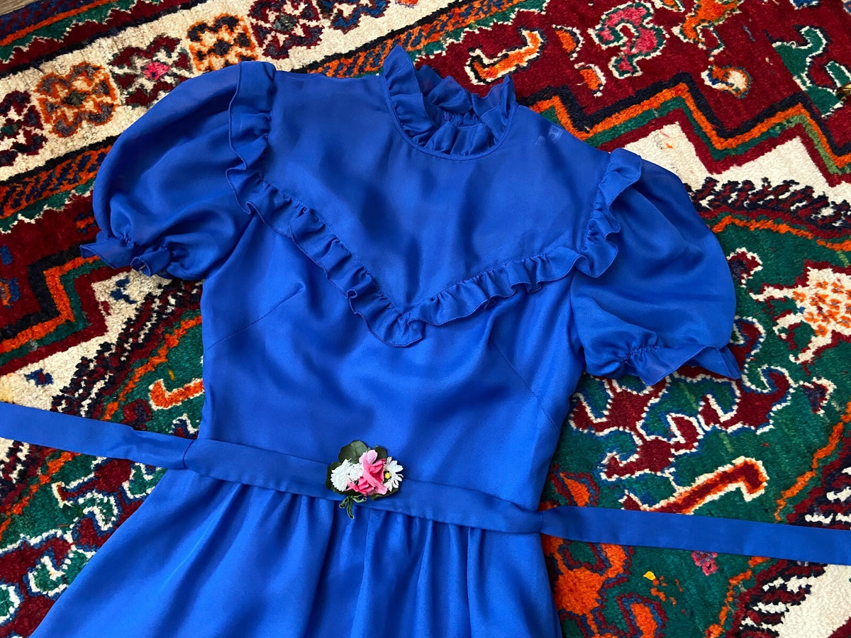 Vintage 1970s Blue Flower Sash Prairie Dress