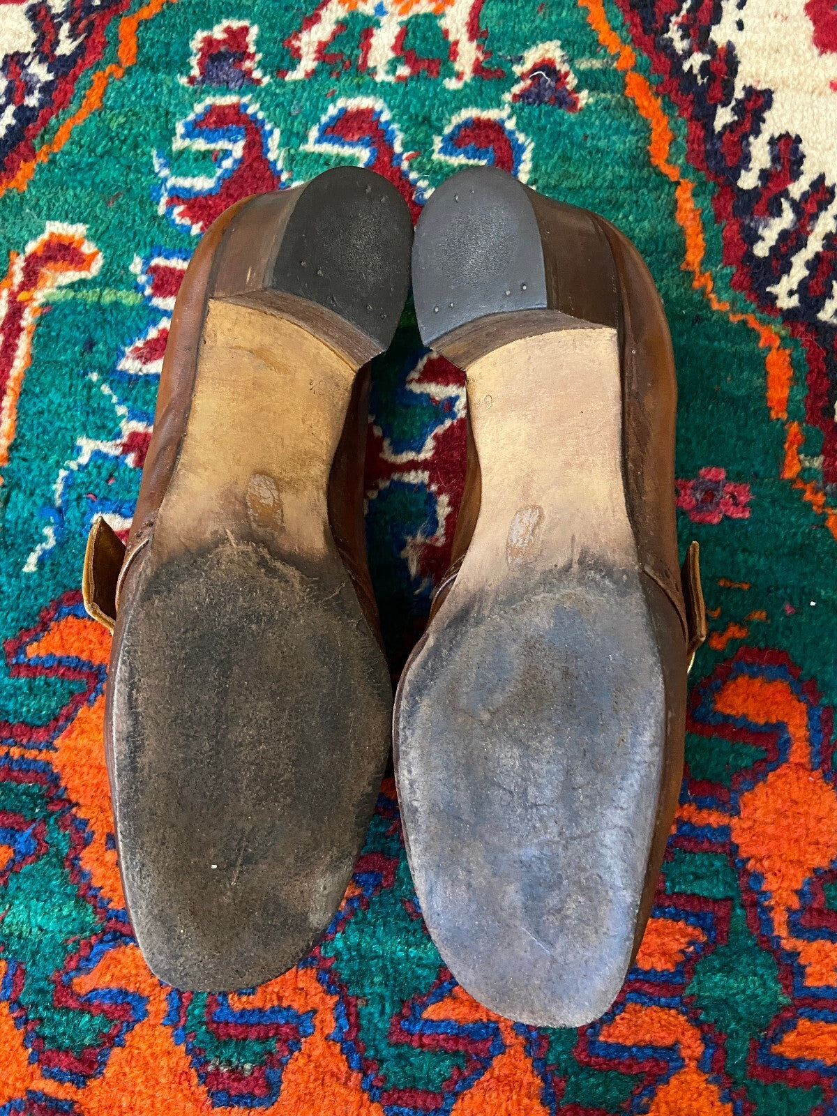 Vintage 1960s Brown Leather Block Heel Shoes UK 5 - 5.5
