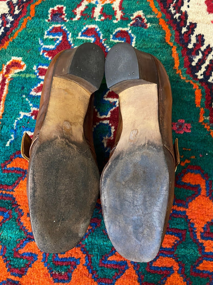 Vintage 1960s Brown Leather Block Heel Shoes UK 5 - 5.5