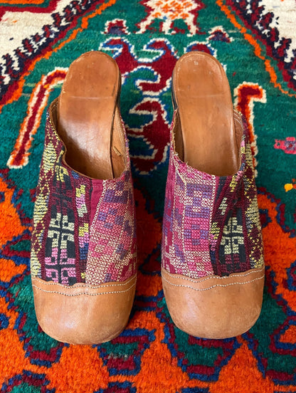 Vintage Rare 1970s Kilim Tapestry Heeled Mules UK 4.5 - 5