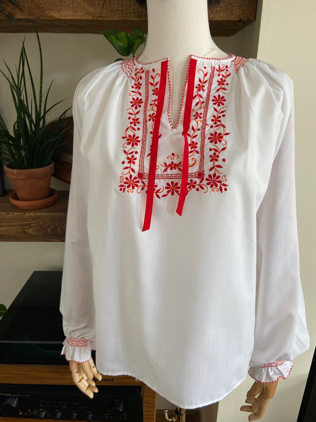 Vintage 1970s White & Red Embroidered Folk Blouse